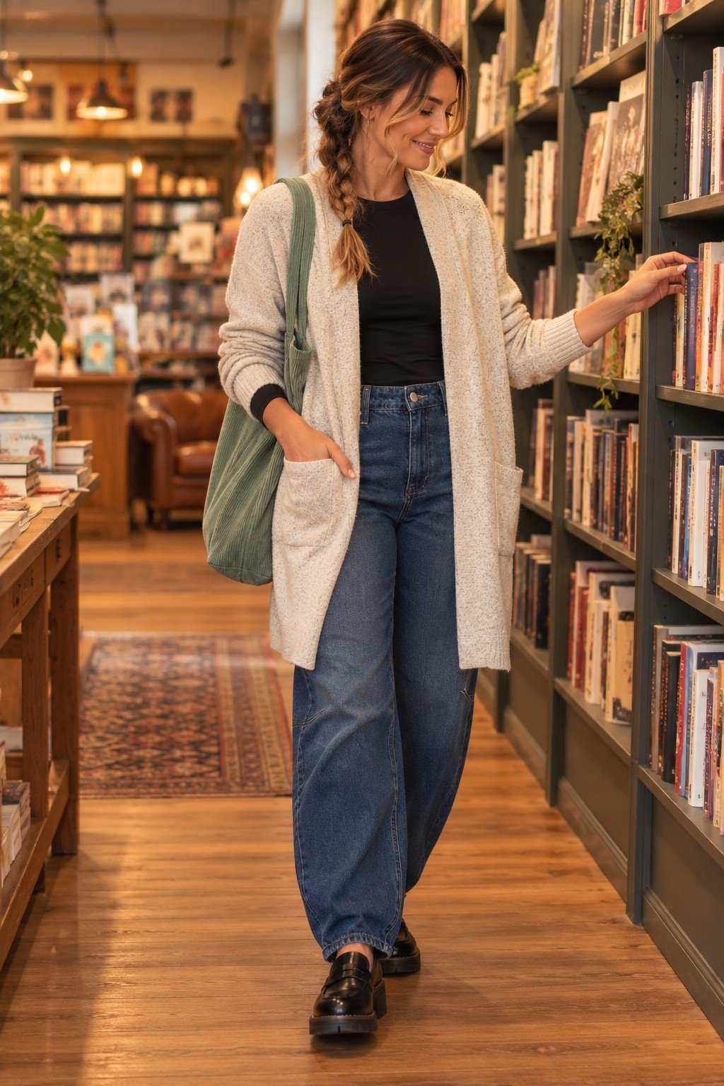 Mom in a long oatmeal cardigan, black tee, dark barrel jeans, chunky loafers and a green corduroy tote in a bookstore