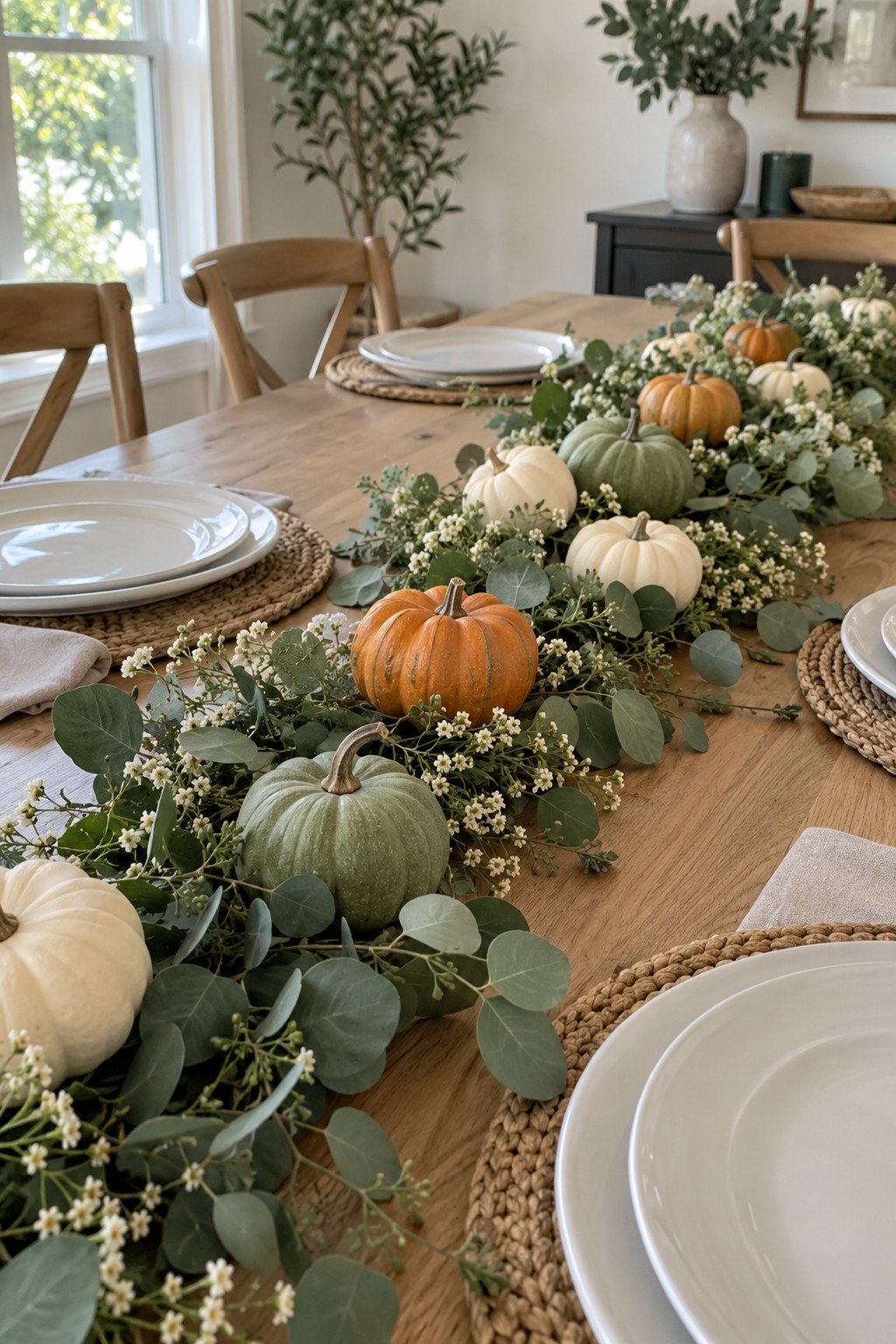 Faux eucalyptus garland centerpiece with mini pumpkins on a Friendsgiving table