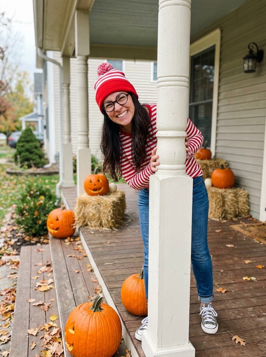 Mom dressed as Where's Waldo in a striped shirt, red beanie and round glasses