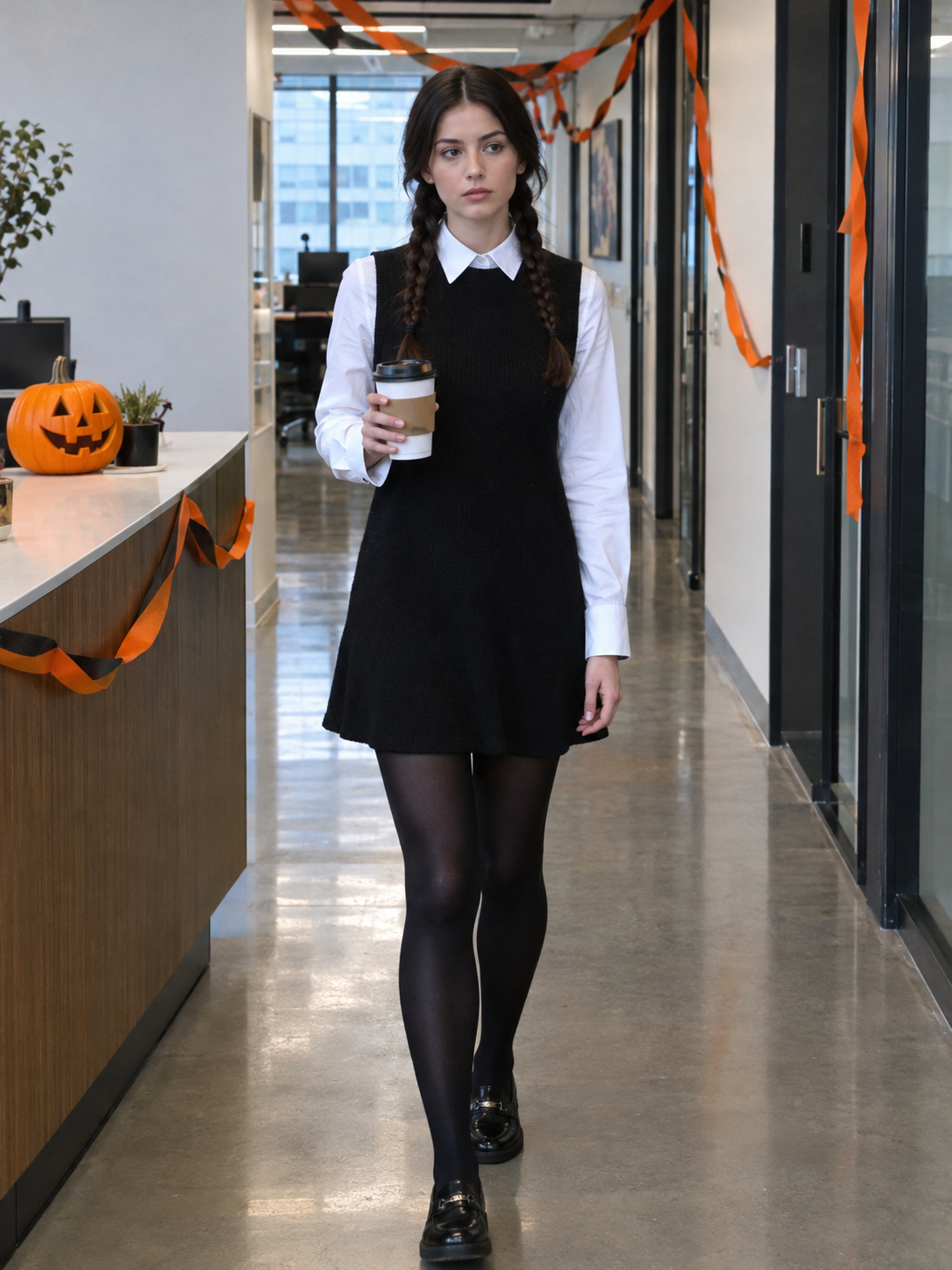Mom dressed as Wednesday in a black dress over a white collared shirt with two braids