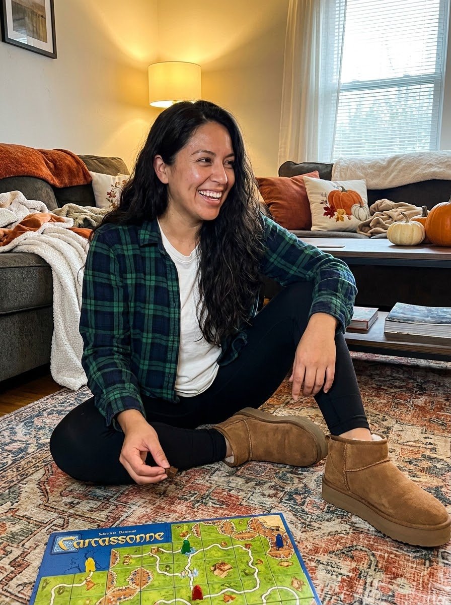 Mom in a plaid flannel, white tee, black leggings and chestnut platform mini boots playing a board game
