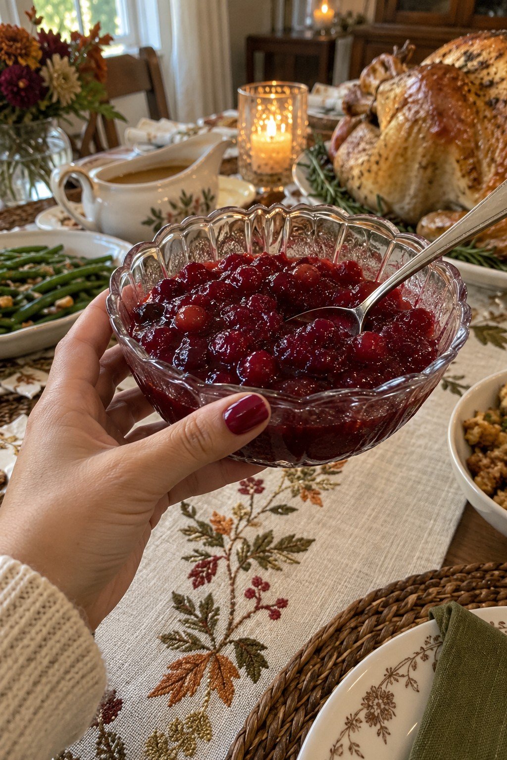 Short oval deep cranberry red nails holding a bowl of cranberry sauce
