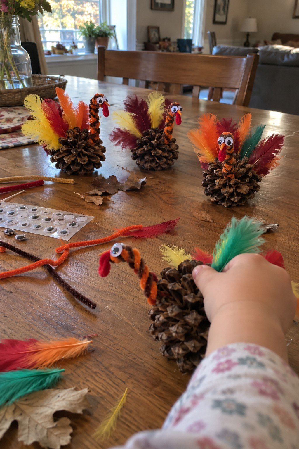 Pinecone turkey toddler craft with feathers, pipe cleaners and googly eyes