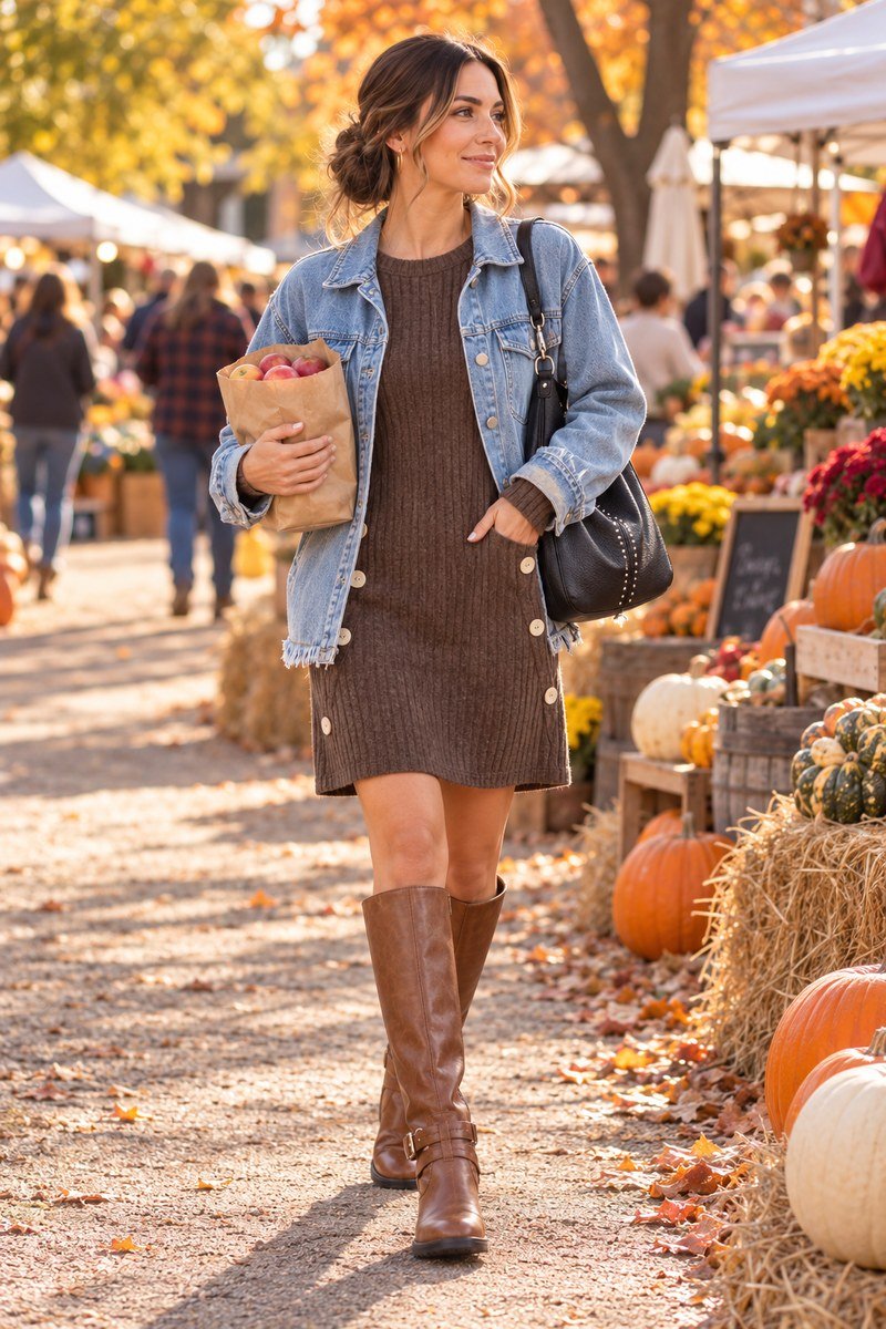 Mom in a brown sweater dress, denim jacket and riding boots at a fall farmers market