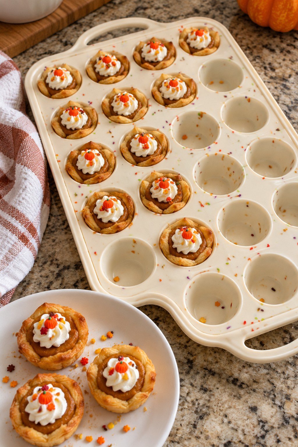 Mini pumpkin pie bites made in a mini muffin pan with whipped cream