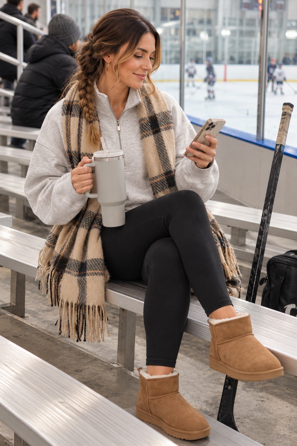 Hockey mom on rink bleachers in a gray half zip, plaid blanket scarf, leggings and mini boots with a big tumbler