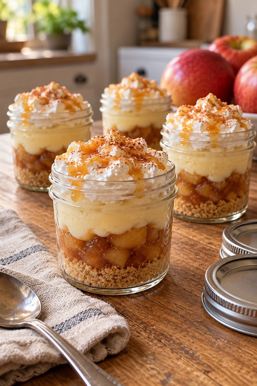 Apple pie parfaits layered in mini mason jars with caramel drizzle