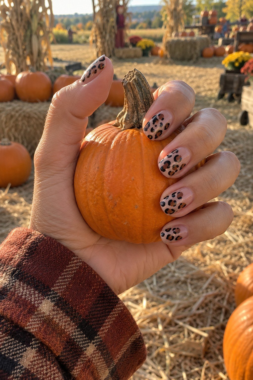 Short oval leopard print fall press on nails holding a small pumpkin