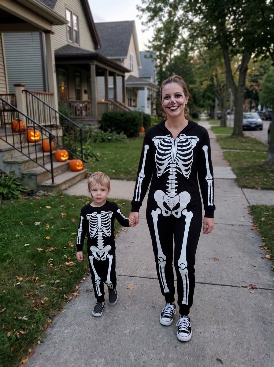 Mom and son in matching skeleton Halloween costumes