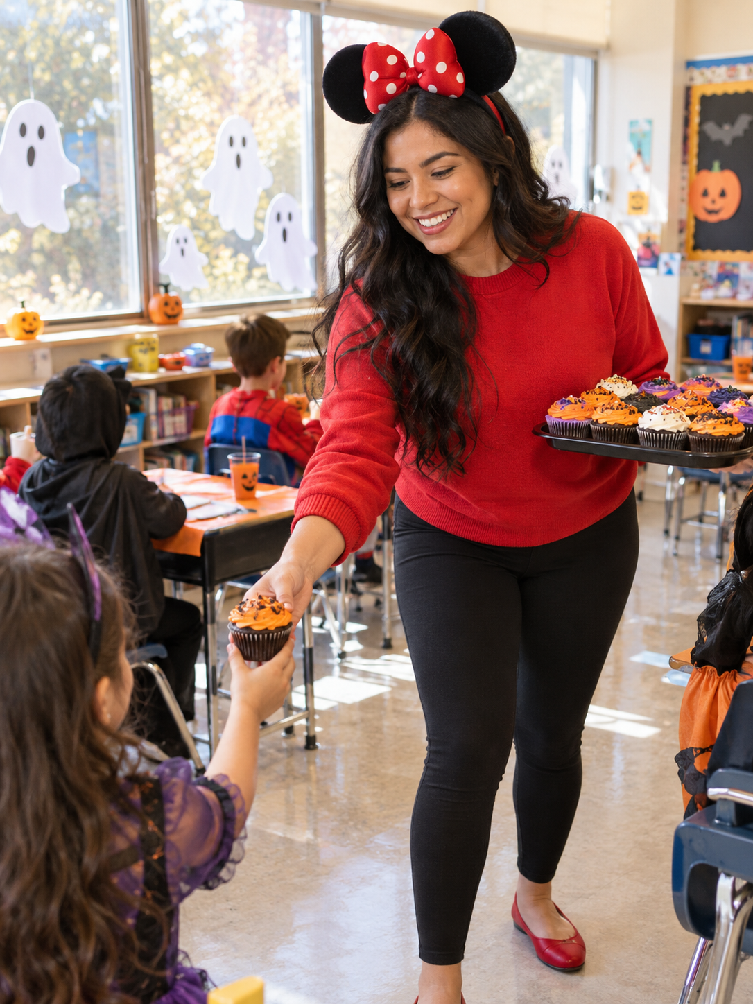 Mom in a red sweater, black leggings and Minnie Mouse ears at a classroom Halloween party