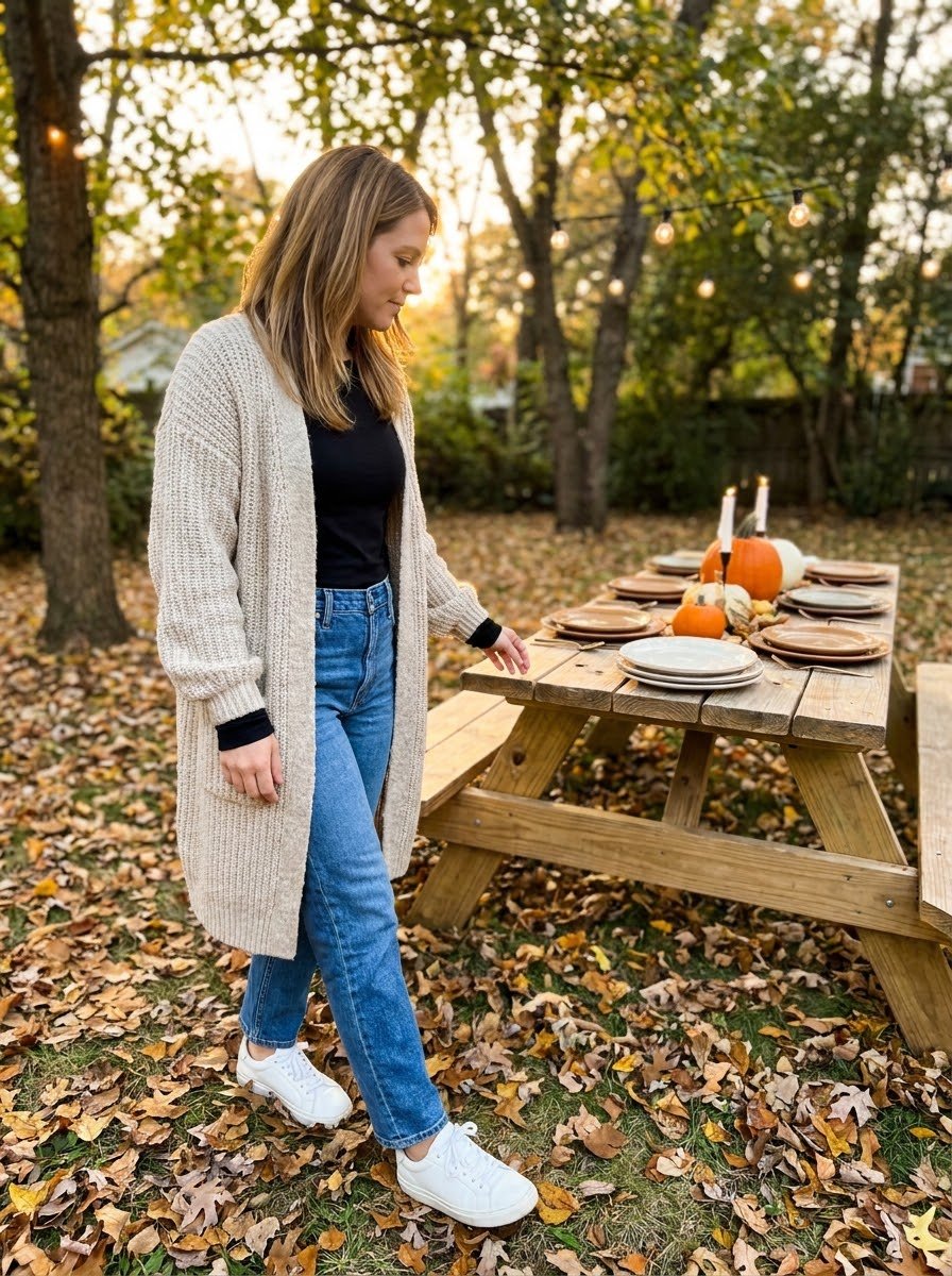 Mom in a long oatmeal cardigan, black long sleeve tee, straight jeans and white sneakers in a fall backyard