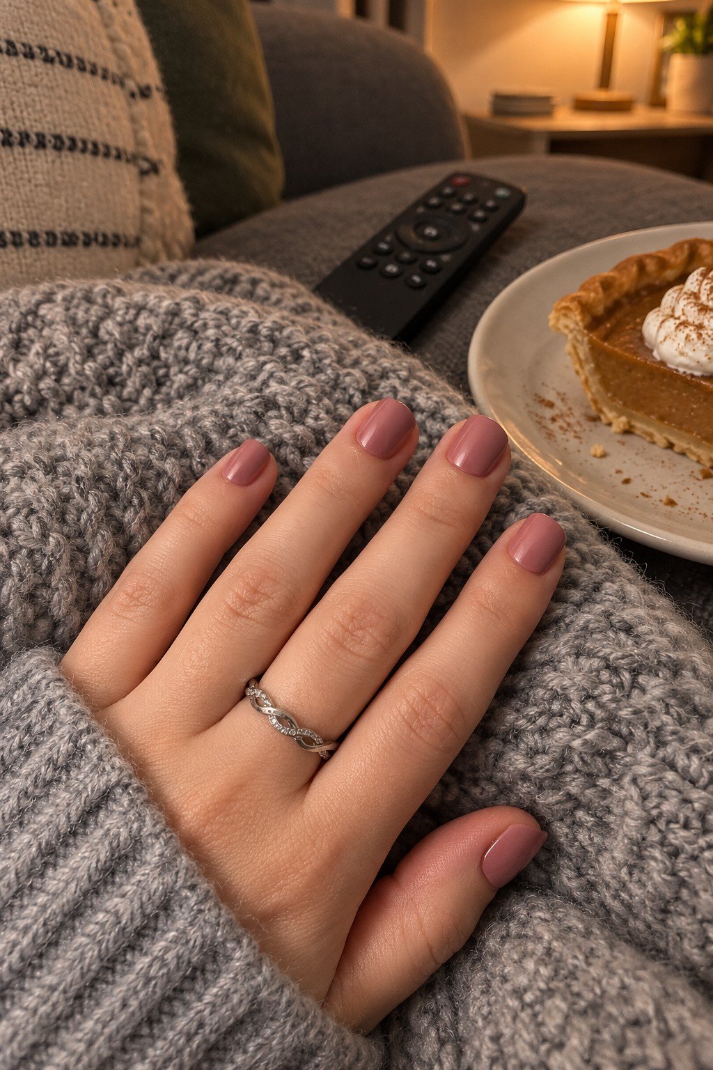 Super short dusty mauve nails on a cozy blanket next to a slice of pie