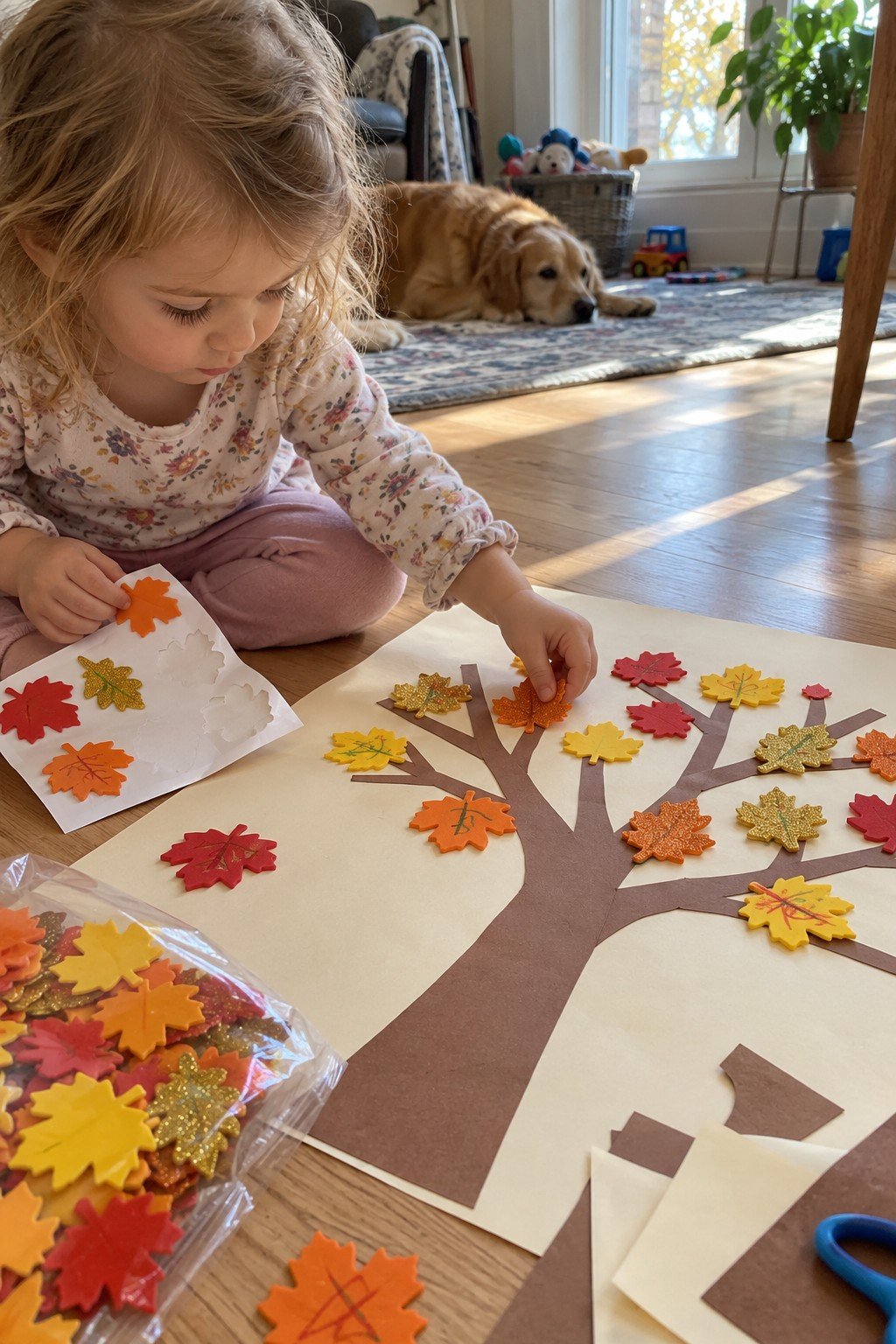 Thankful tree toddler craft with fall leaf foam stickers on construction paper