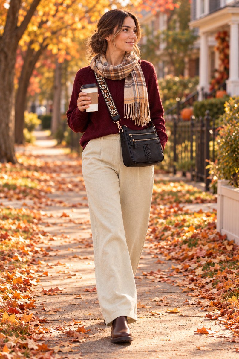 Mom in a burgundy sweater, khaki wide leg trousers and chelsea boots on a fall sidewalk