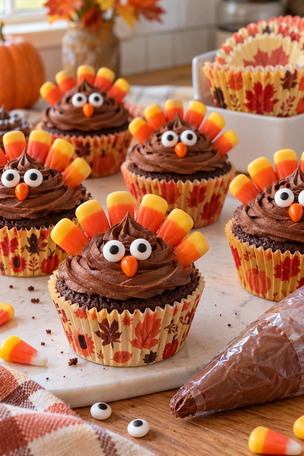 Turkey cupcakes in fall cupcake liners with candy corn feathers