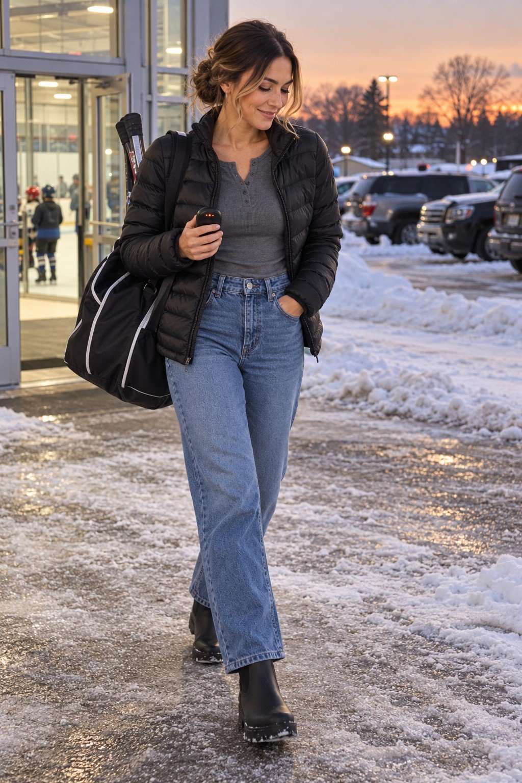 Hockey mom leaving the rink in a packable puffer, gray henley, straight jeans and chelsea boots with a hand warmer