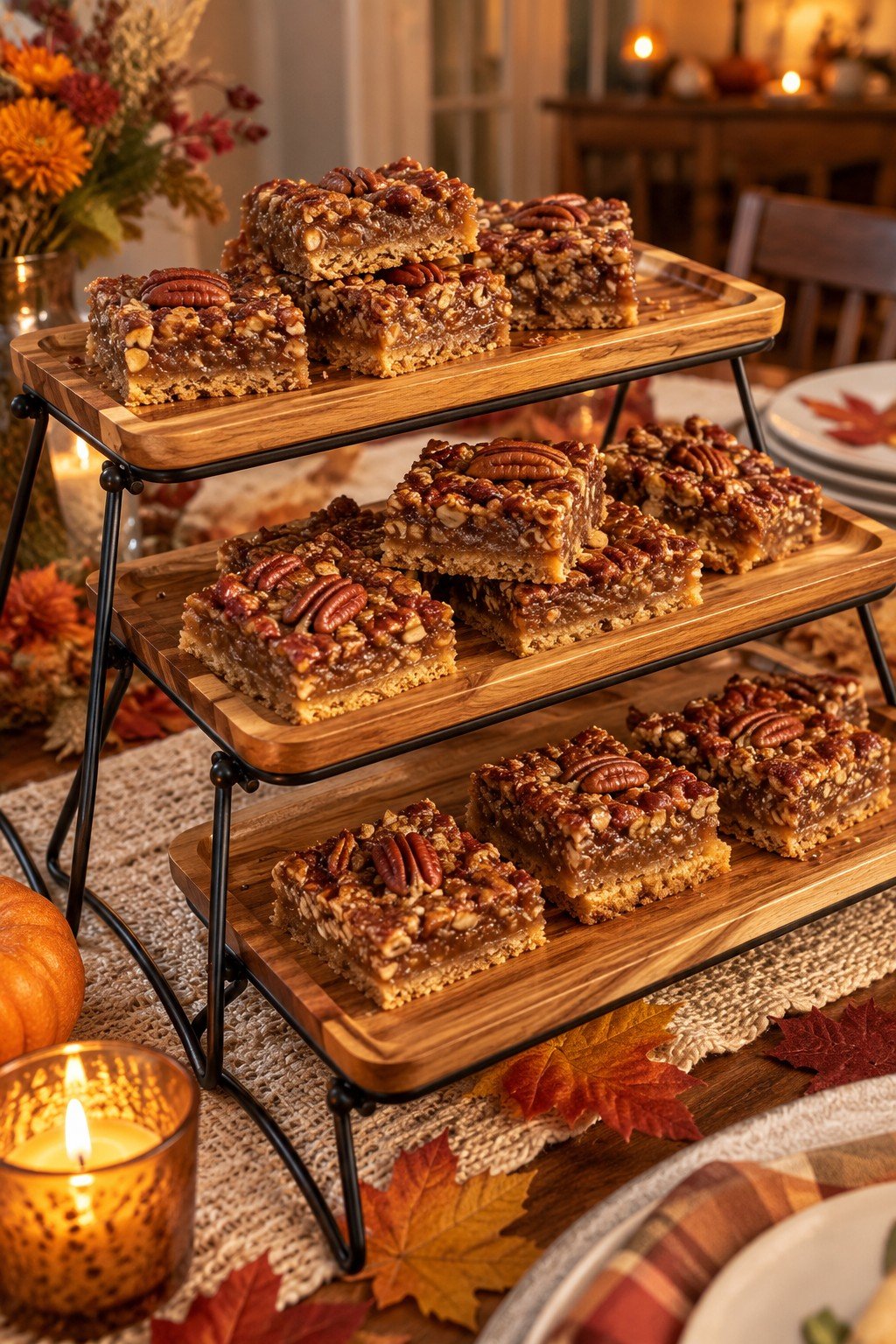 No-bake pecan pie bars stacked on a 3 tier wooden dessert stand
