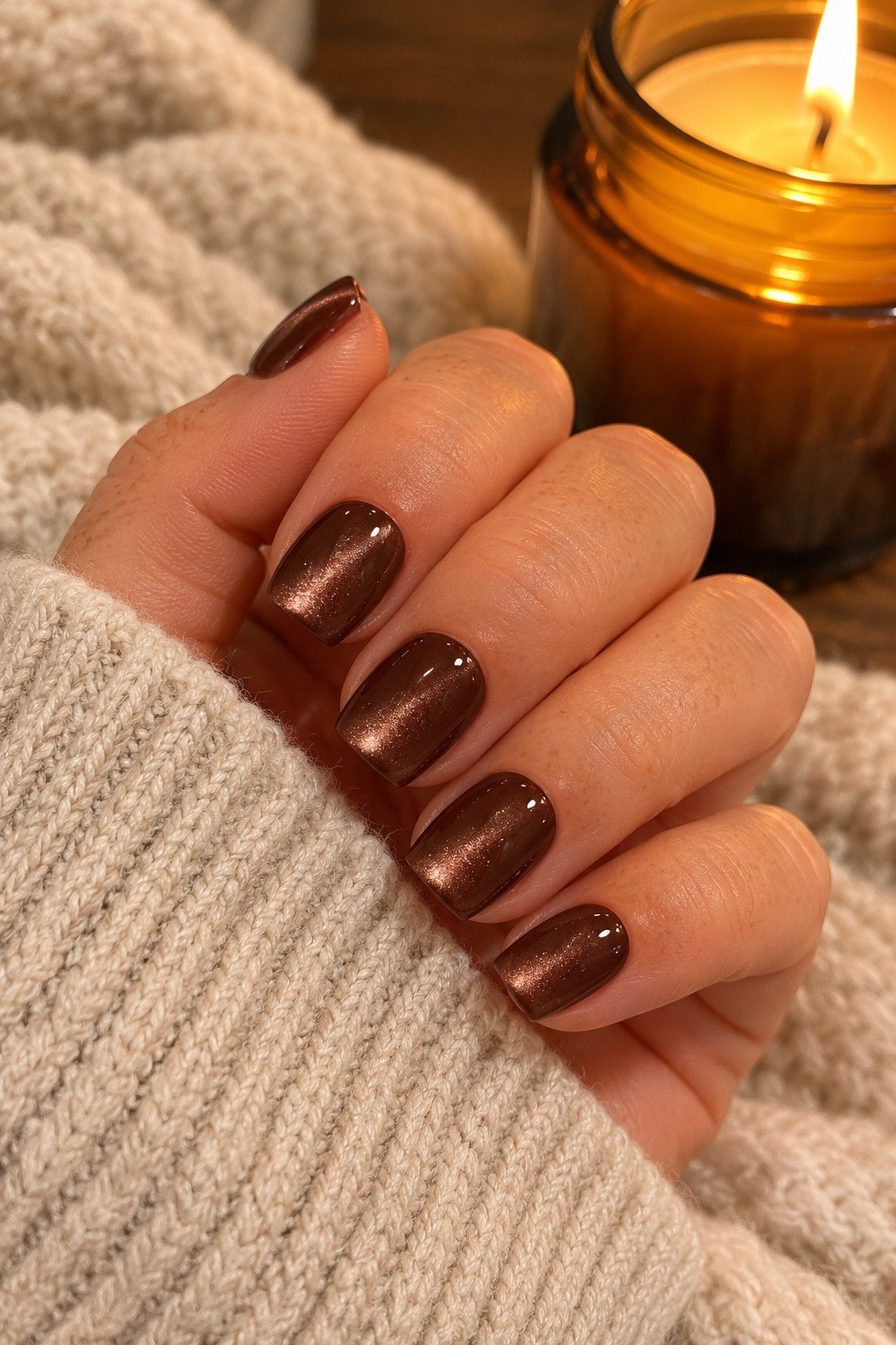 Short square sparkly brown cat eye press on nails beside a candle