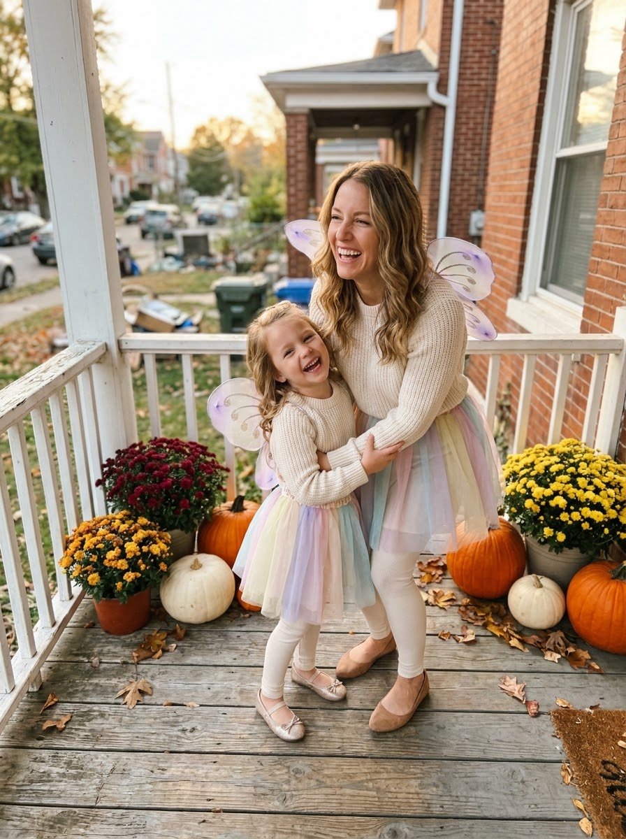 Mom and daughter in matching fairy wings and tutus on a fall porch