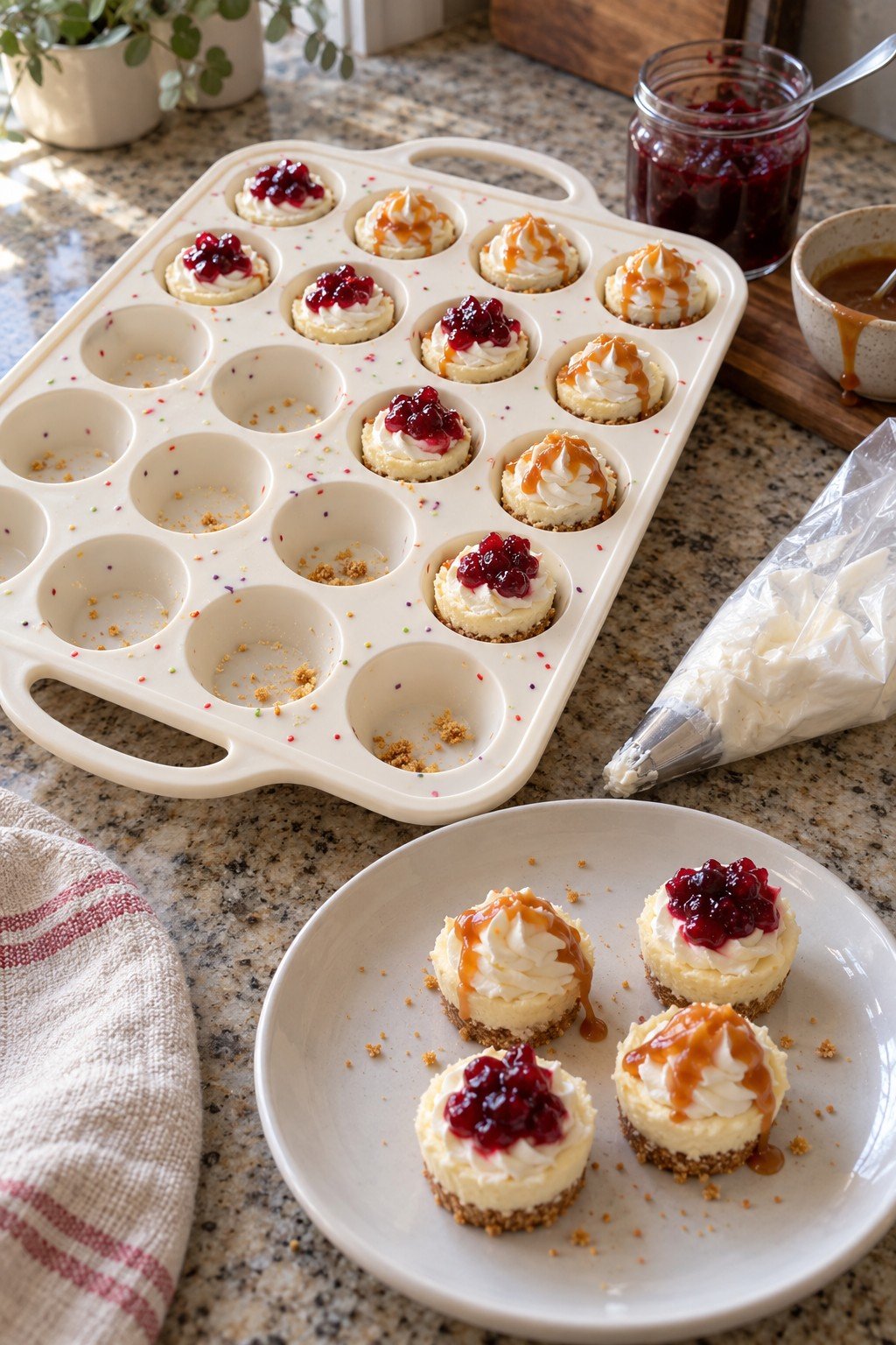 Mini no-bake cheesecake bites popped out of a silicone mini muffin pan
