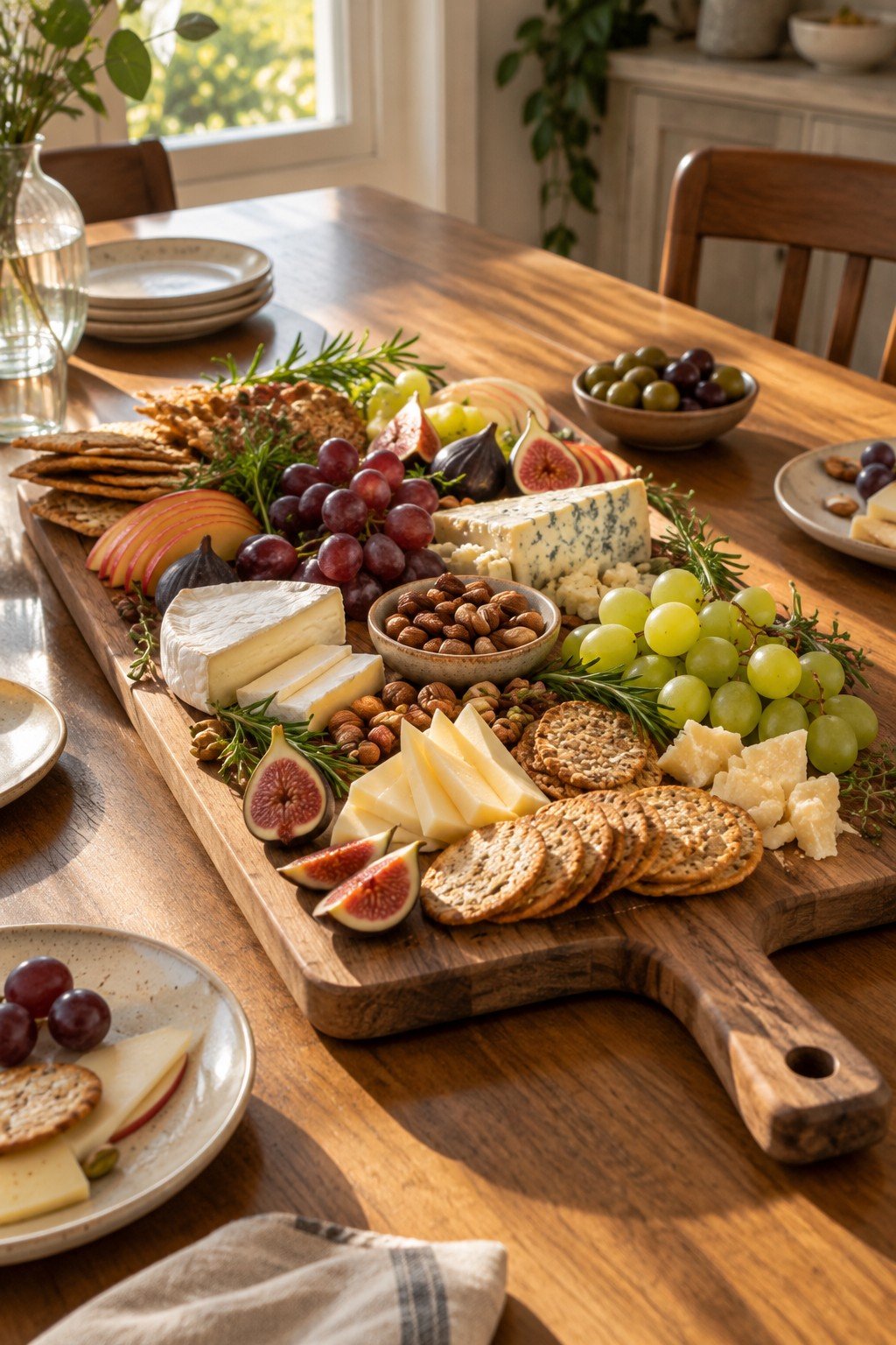 Acacia wood serving board piled with a Friendsgiving cheese and fruit grazing spread