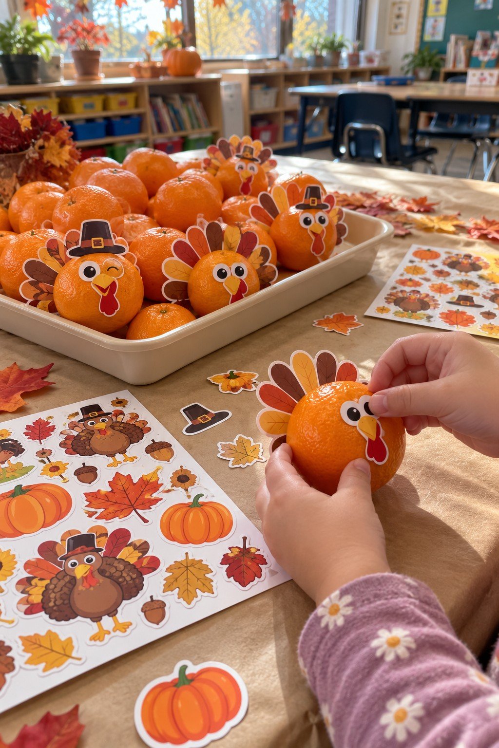 Clementines decorated with Thanksgiving turkey stickers for a classroom snack