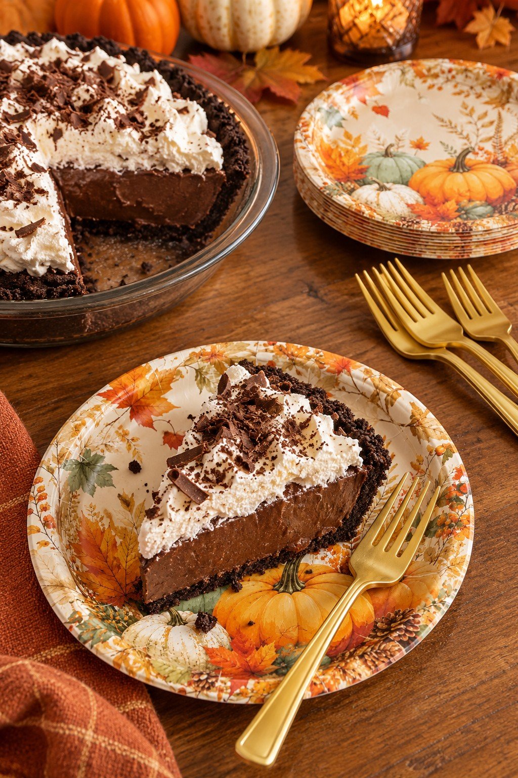 Chocolate pudding pie slice on a fall pumpkin paper plate with a gold fork