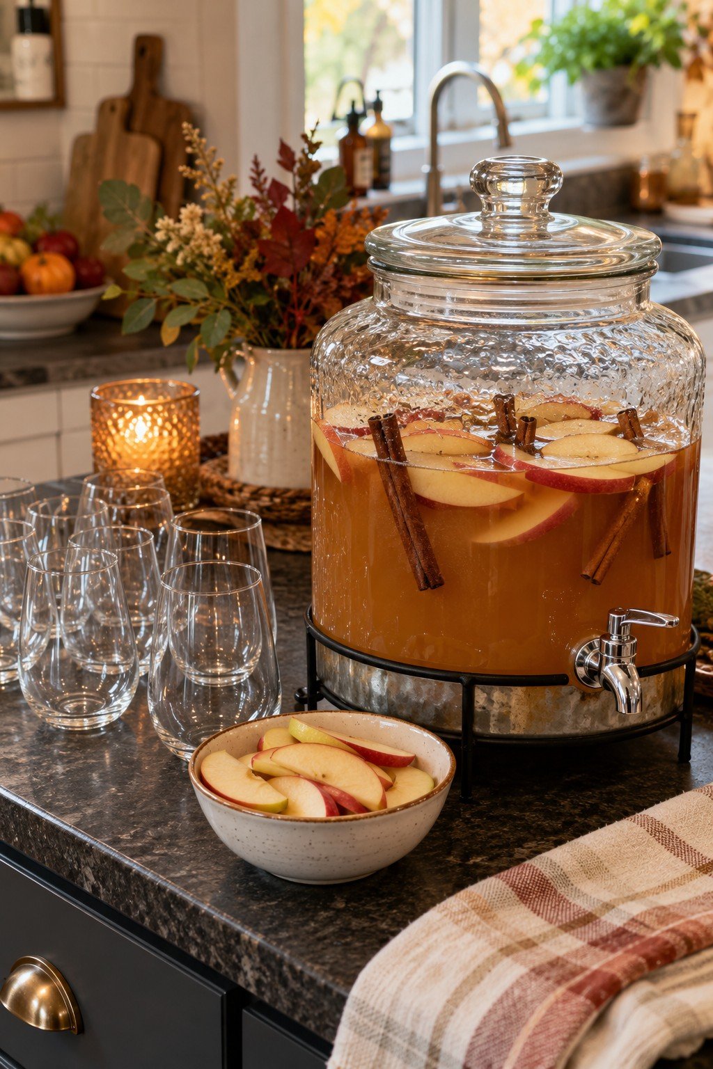 Friendsgiving drink station with a glass drink dispenser of apple cider and stemless glasses