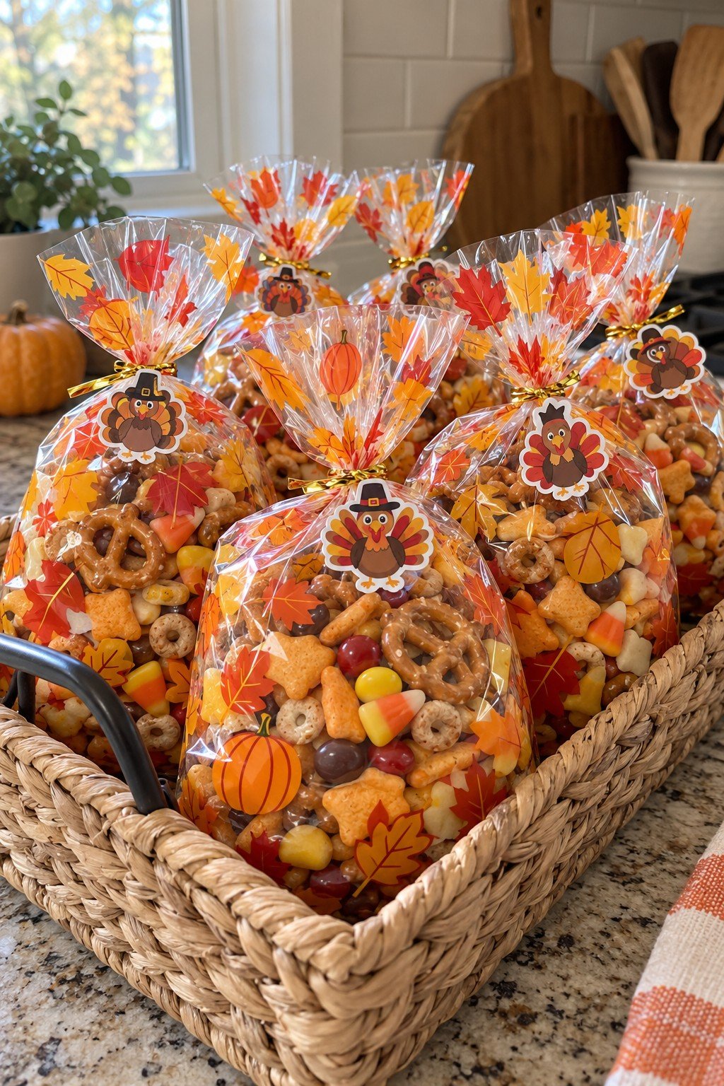 Nut-free turkey trail mix in fall cellophane treat bags with turkey stickers