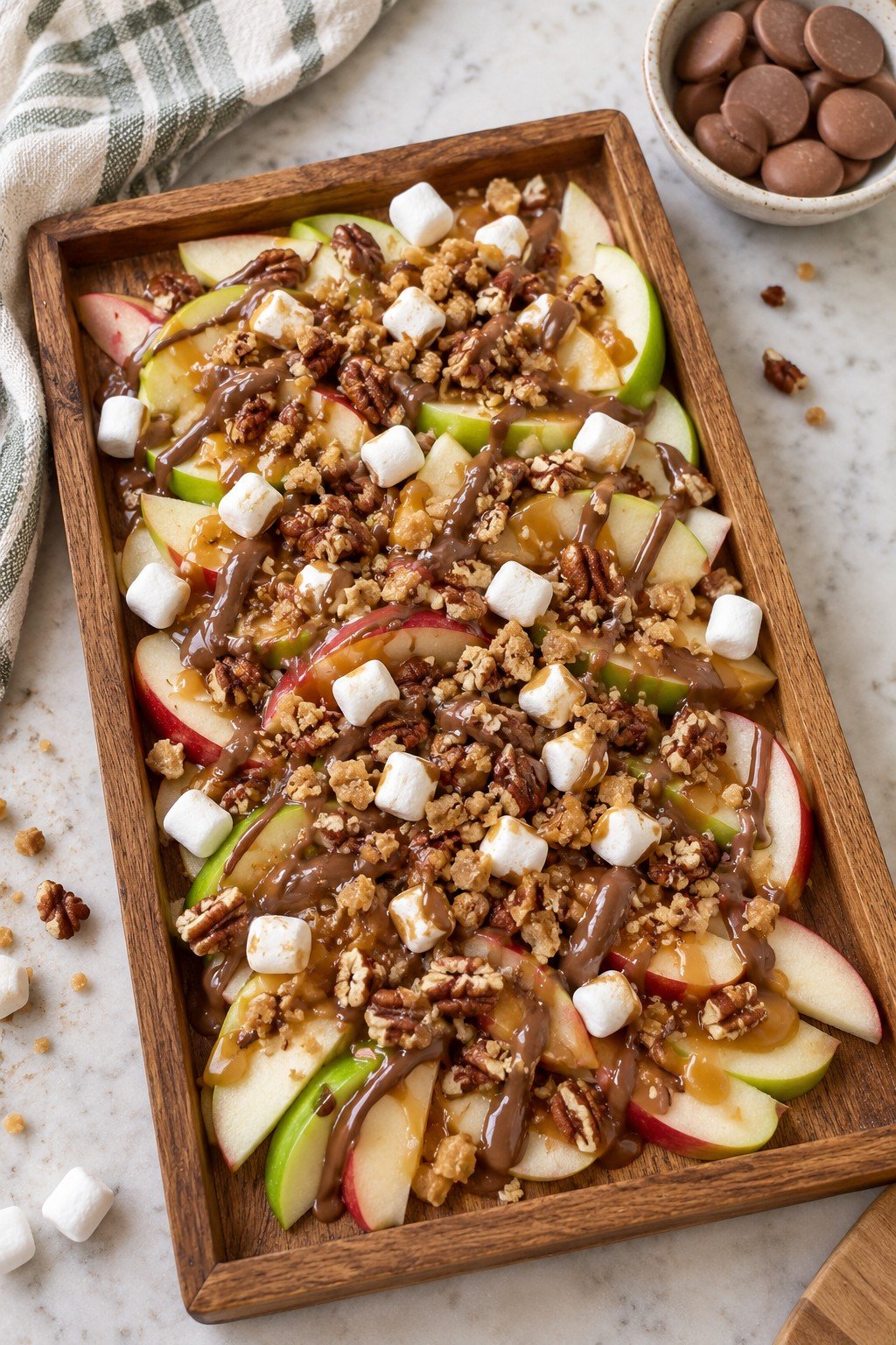 Caramel apple nachos on a wood board drizzled with caramel and chocolate