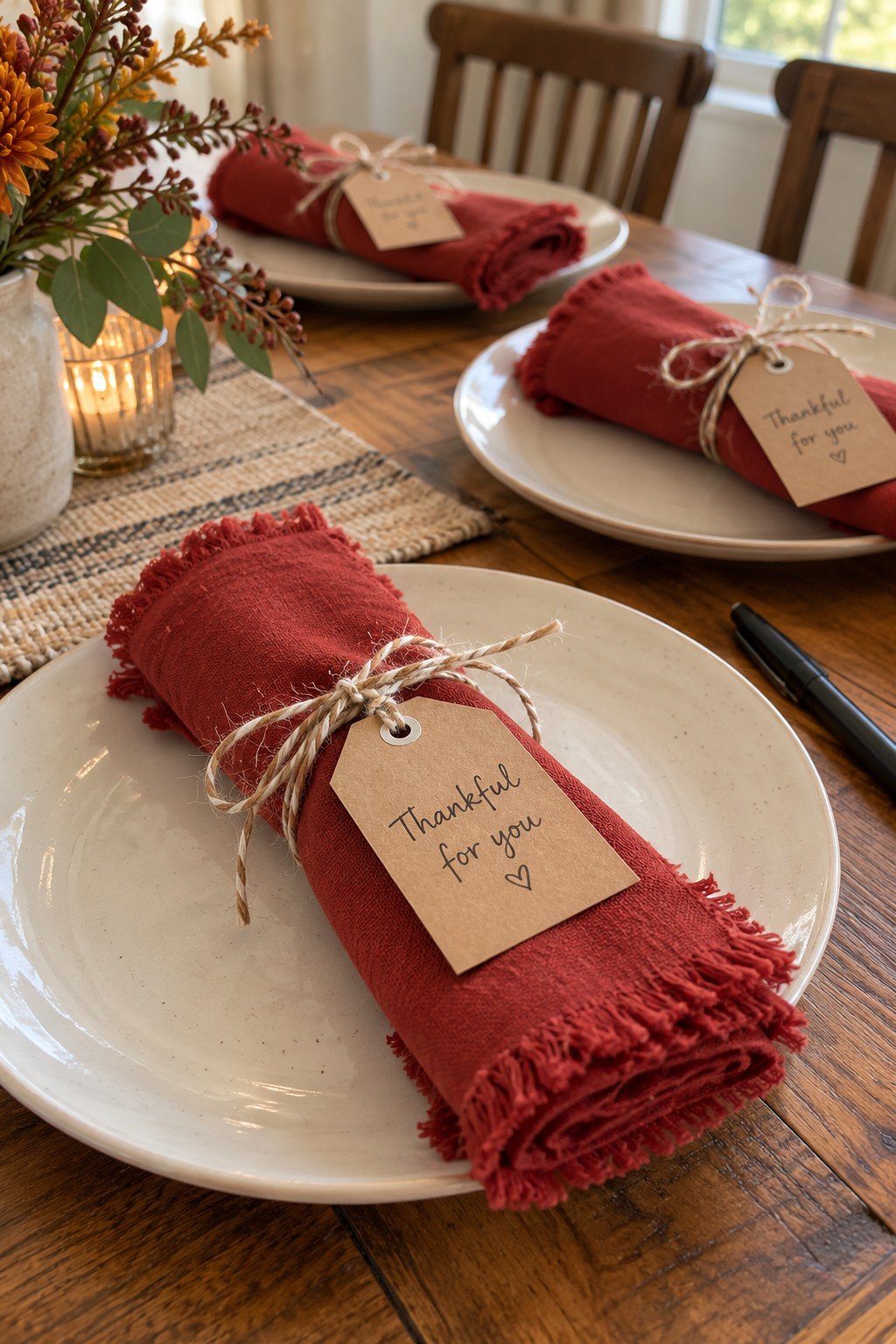 Rolled red fringe napkins tied with kraft paper thankful tags