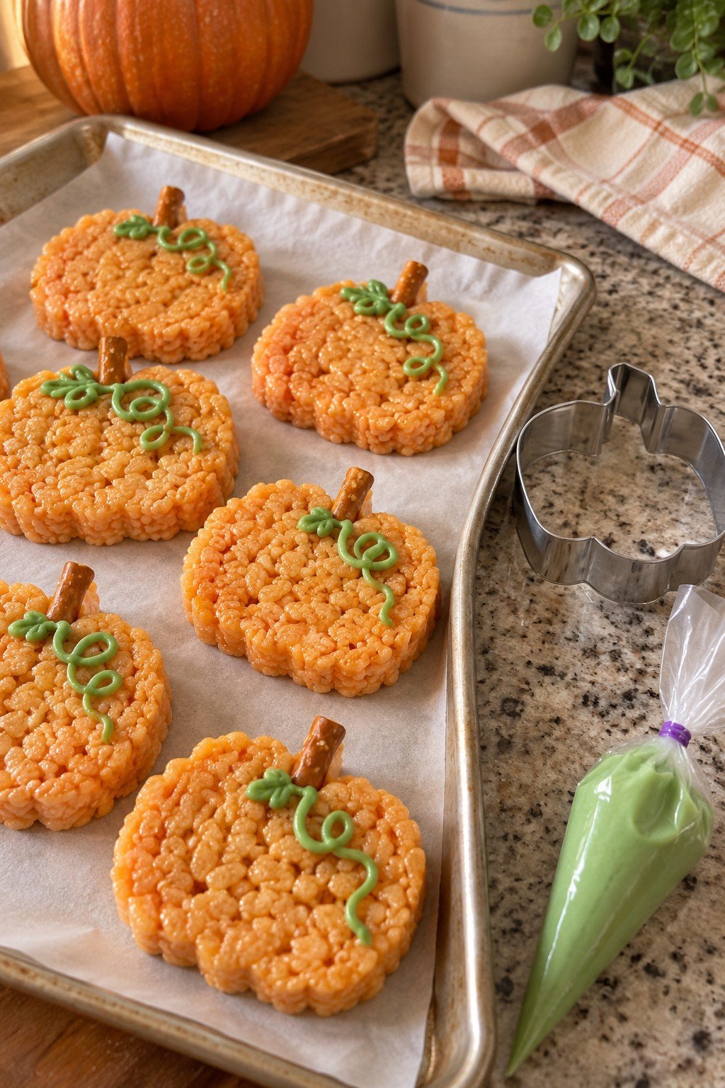 Pumpkin shaped rice krispie treats with pretzel stems and green icing vines
