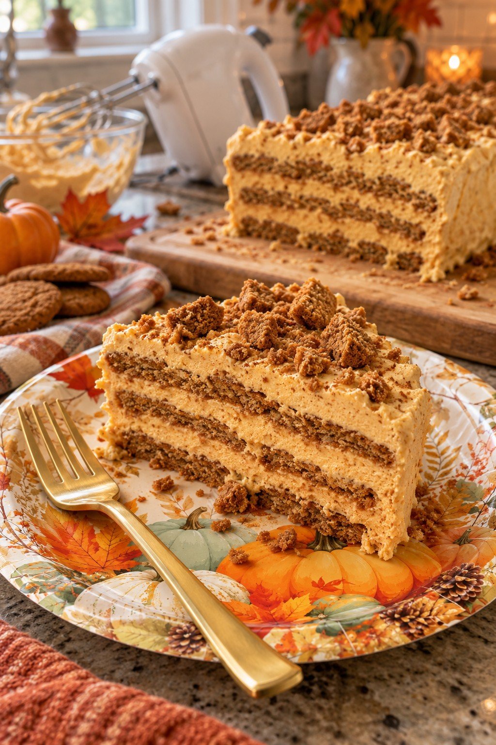 Gingersnap pumpkin icebox cake slice on a fall paper plate with a gold fork
