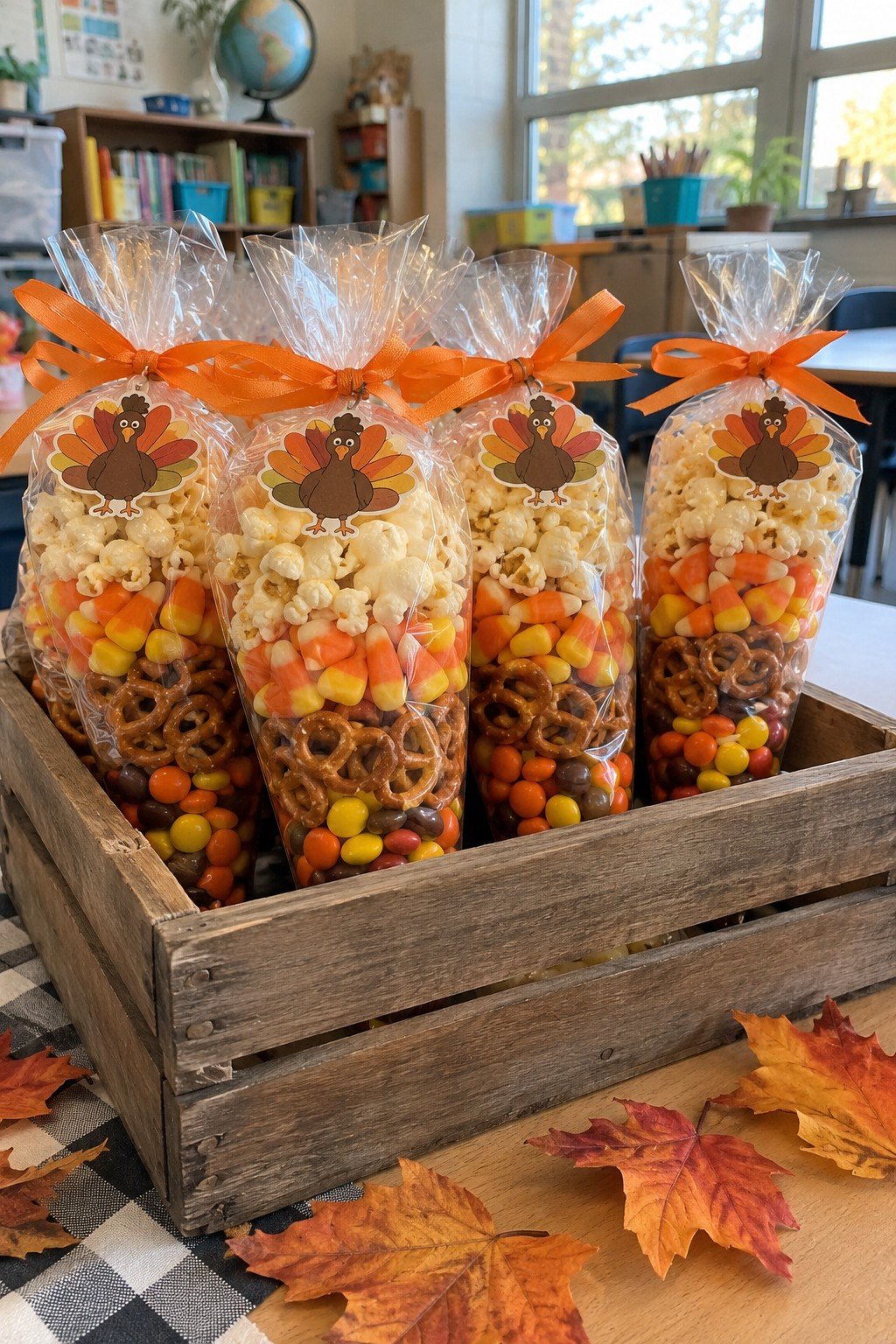 Turkey feed popcorn snack mix in clear cone treat bags