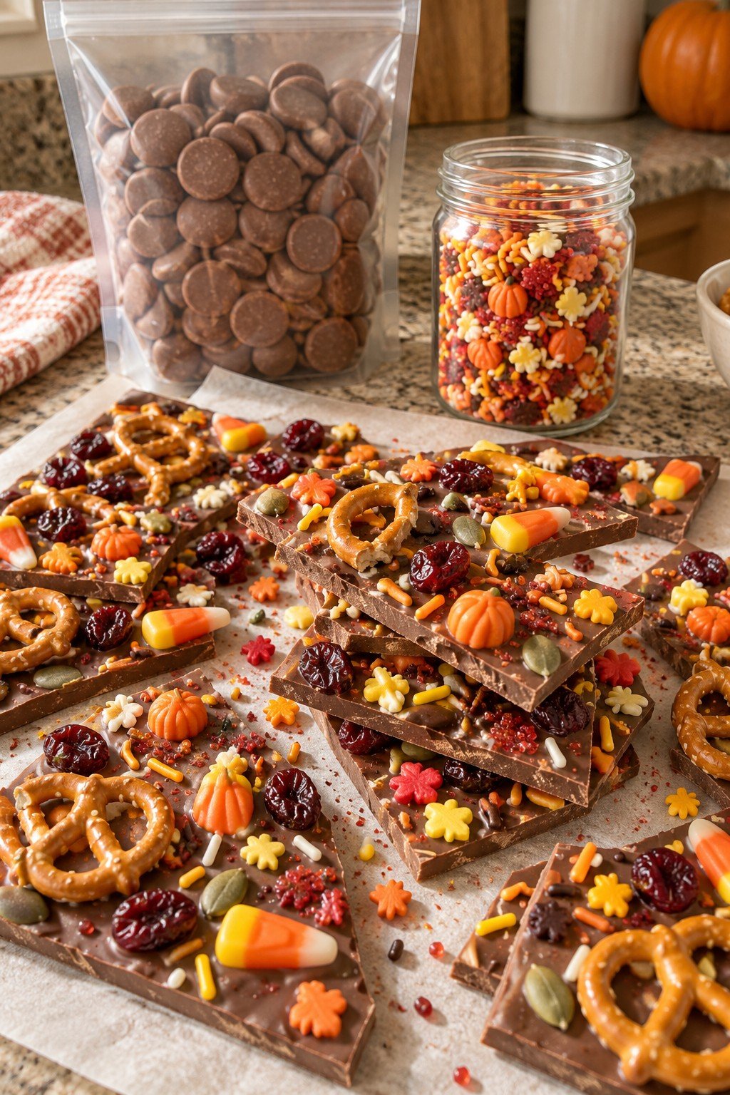 Thanksgiving chocolate bark with pretzels, cranberries, candy corn and fall sprinkles