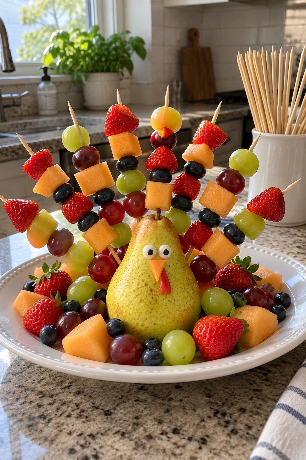 Fruit turkey made from fruit kabobs on bamboo skewers