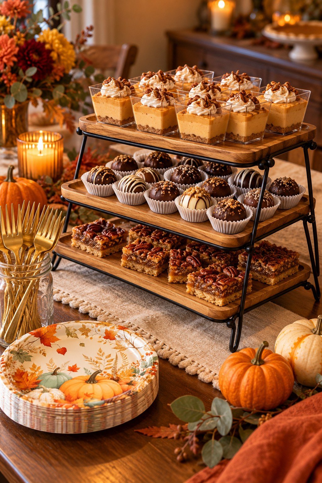 No-bake Thanksgiving dessert table with a wooden tiered stand, fall plates and gold forks