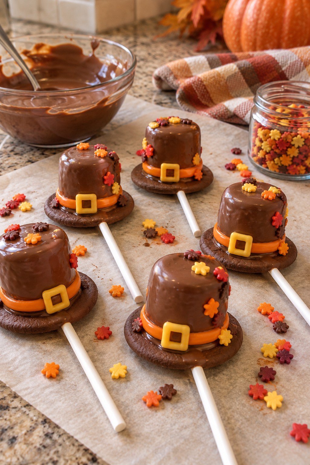 Pilgrim hat marshmallow pops dipped in chocolate with fall sprinkles