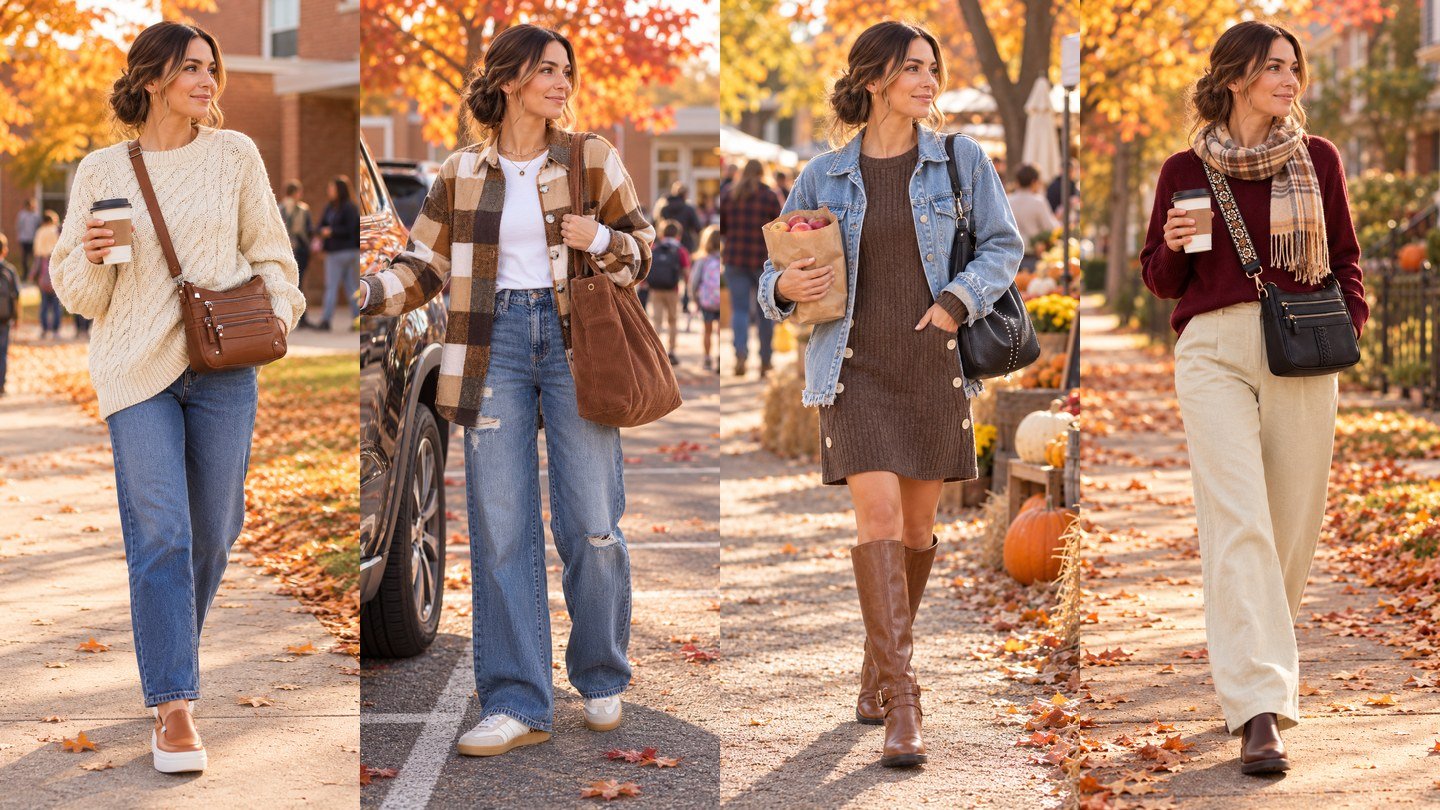 Mom in four easy fall school pickup outfits: cable knit sweater, plaid shacket, sweater dress and burgundy sweater